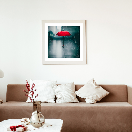 Red Umbrella on a Rainy Day Print